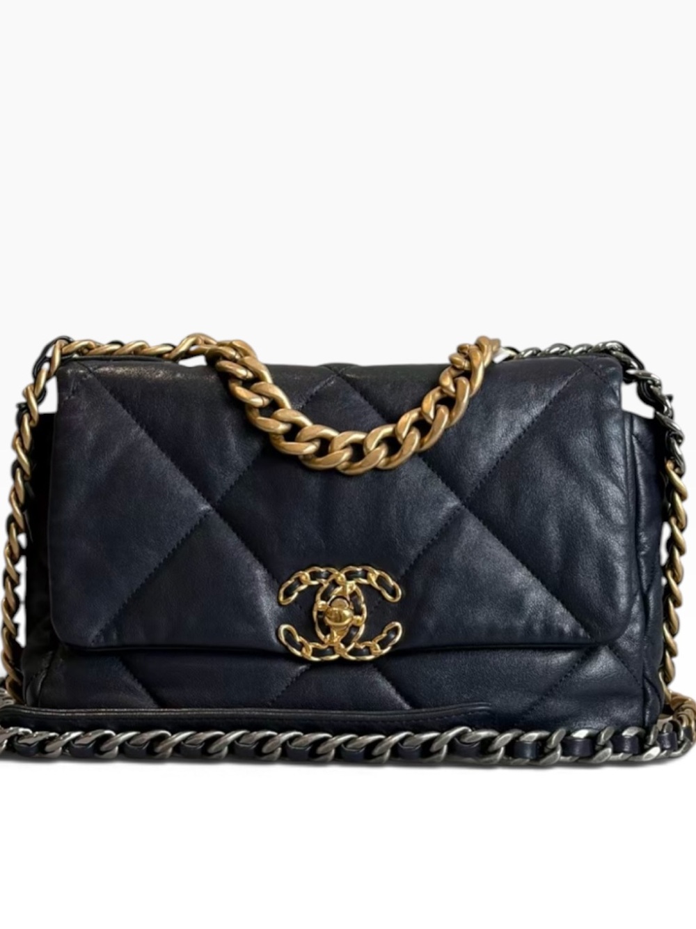 Chanel 19 NAVY Quilted Leather Flap Bag Mixed Metal Chain CC Turnlock